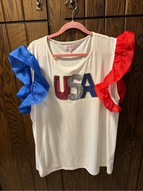 Women's USA Ruffle Sleeve Tank Top - White with Red & Blue Accents